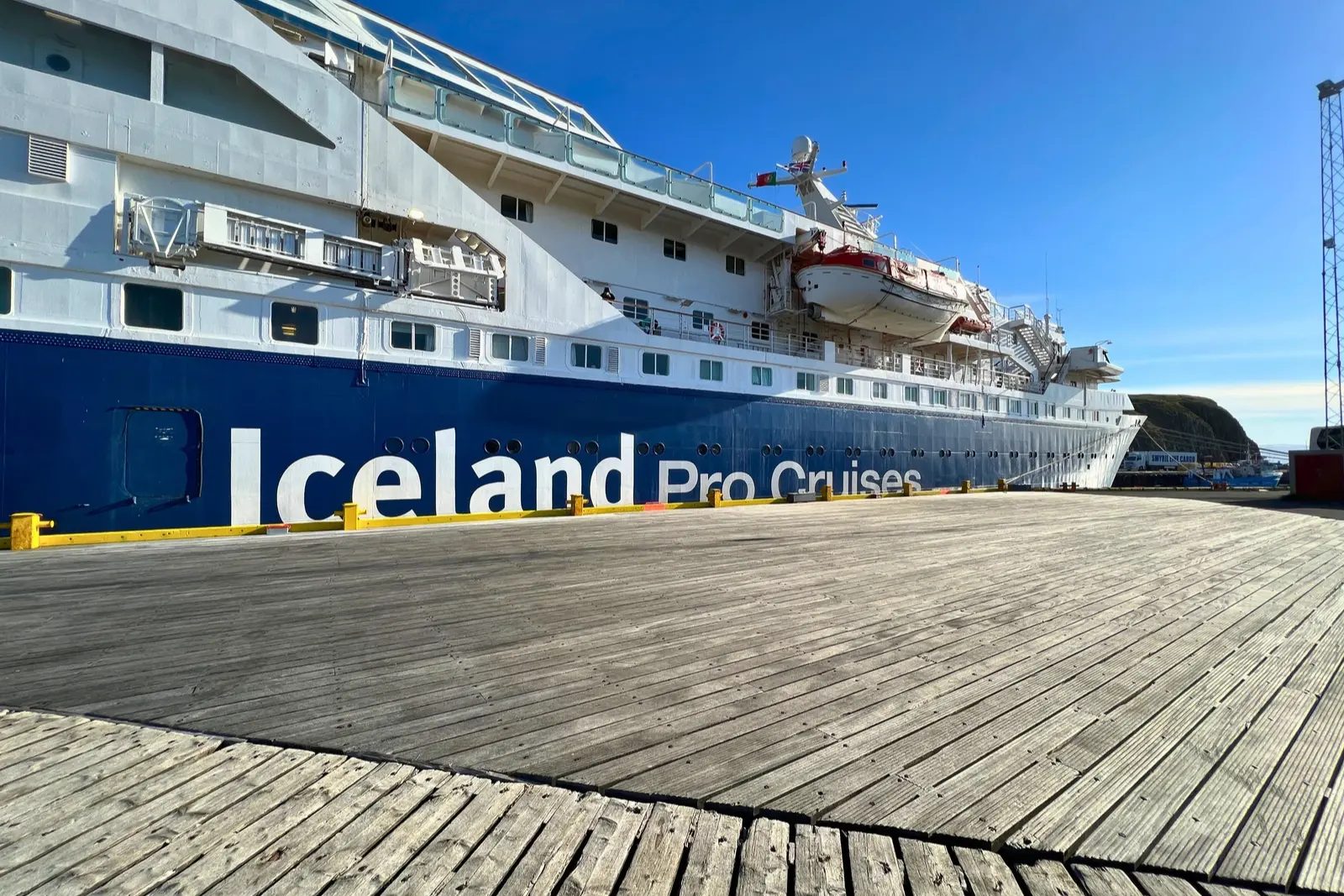 Iceland ProCruises' Ocean Diamond docked at a wooden pier in Iceland.