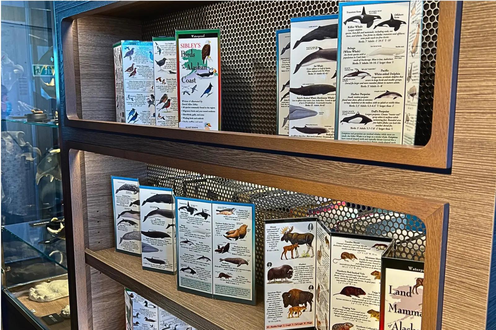 Shelves of wildlife field guides in the Roald Amundsen's Science Center.