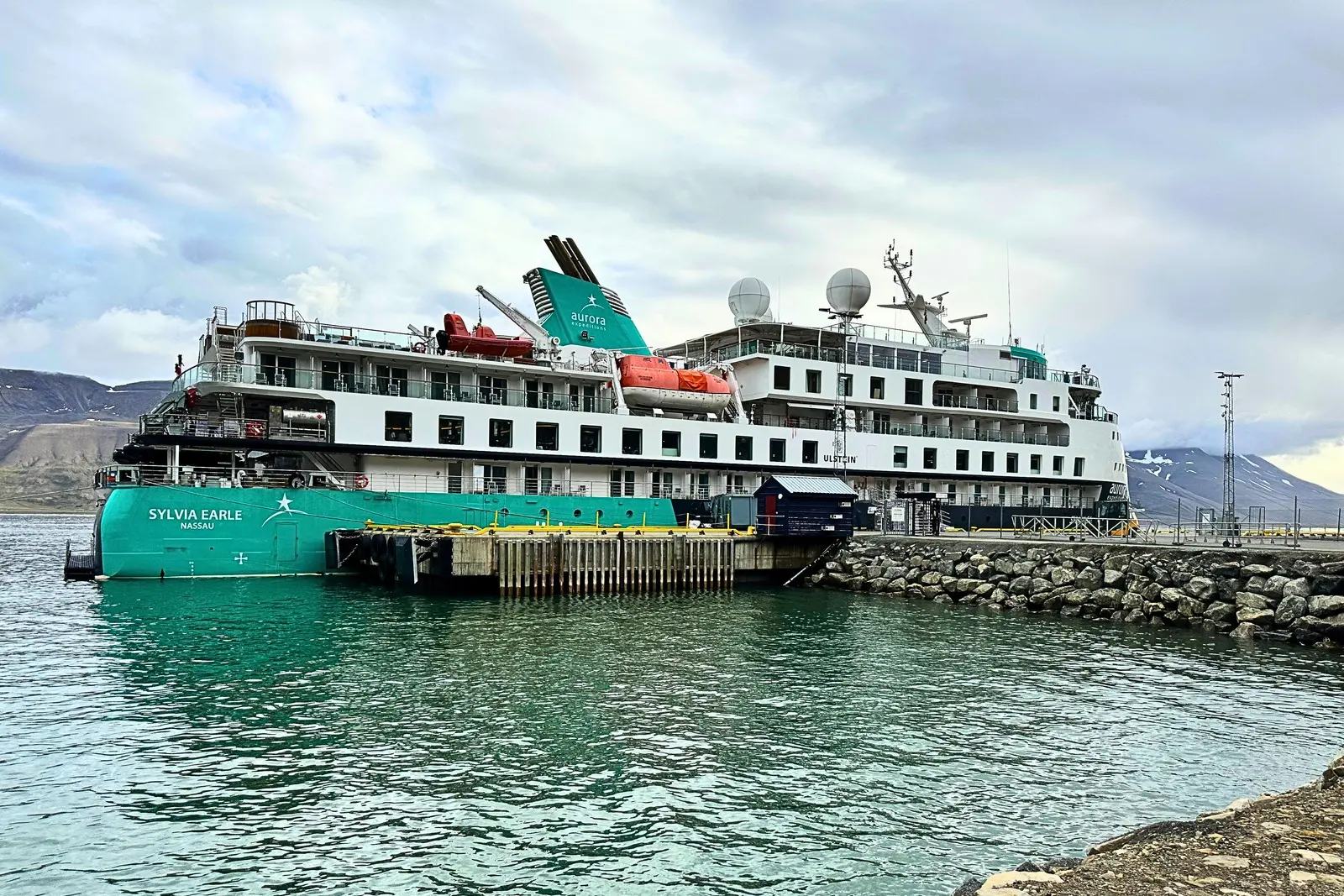 Aurora Expeditions' Sylvia Earle docked in Longyearbyen, Svalbard.