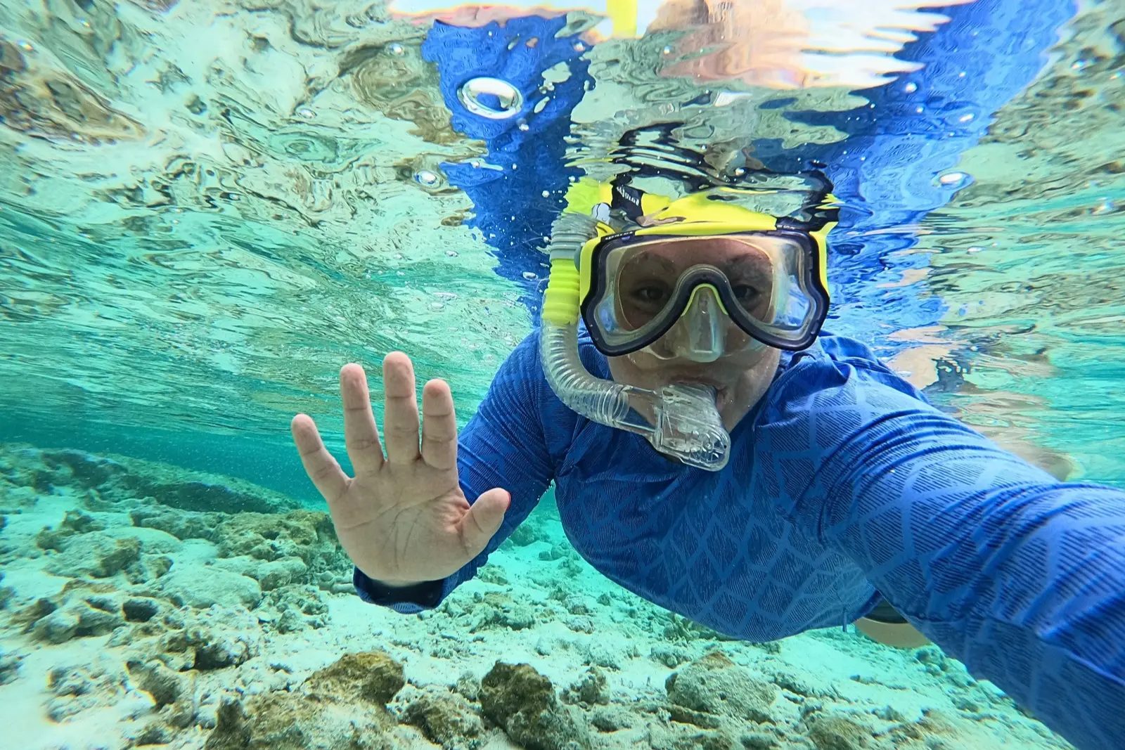 Erika Commisso snorkeling underwater in a blue rash guard, waving at the camera above a coral seabed.