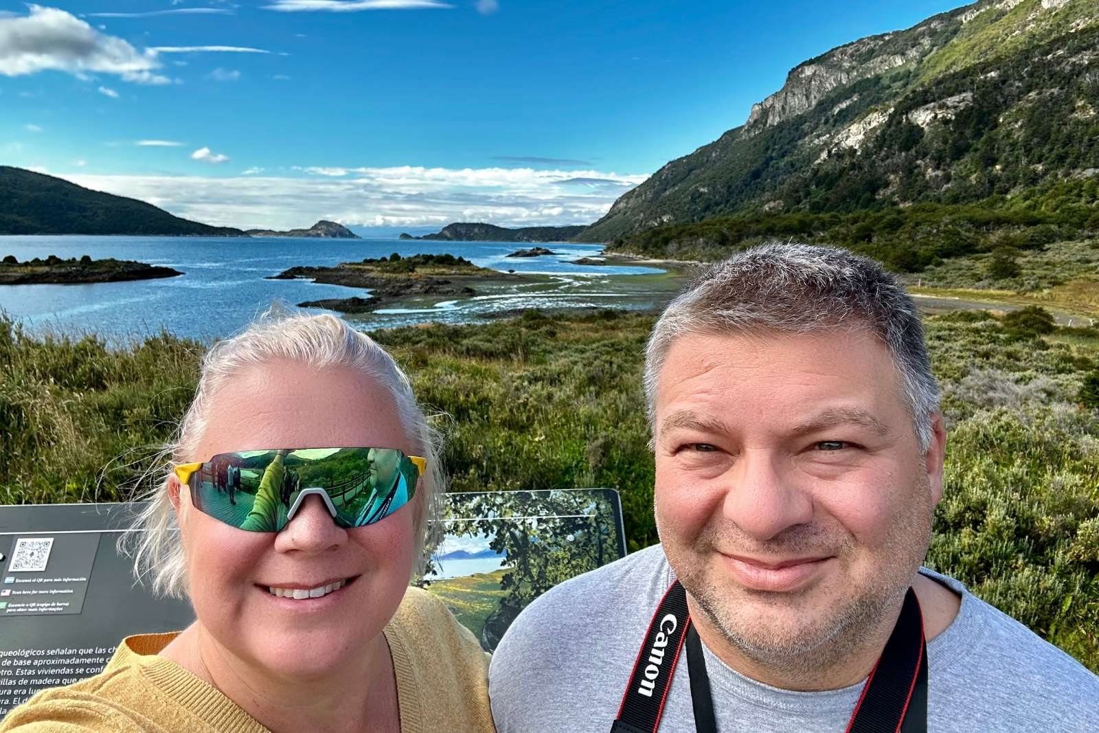 Chris and Erika Commisso beside a mountain lake in Tierra del Fuego near Ushuaia.