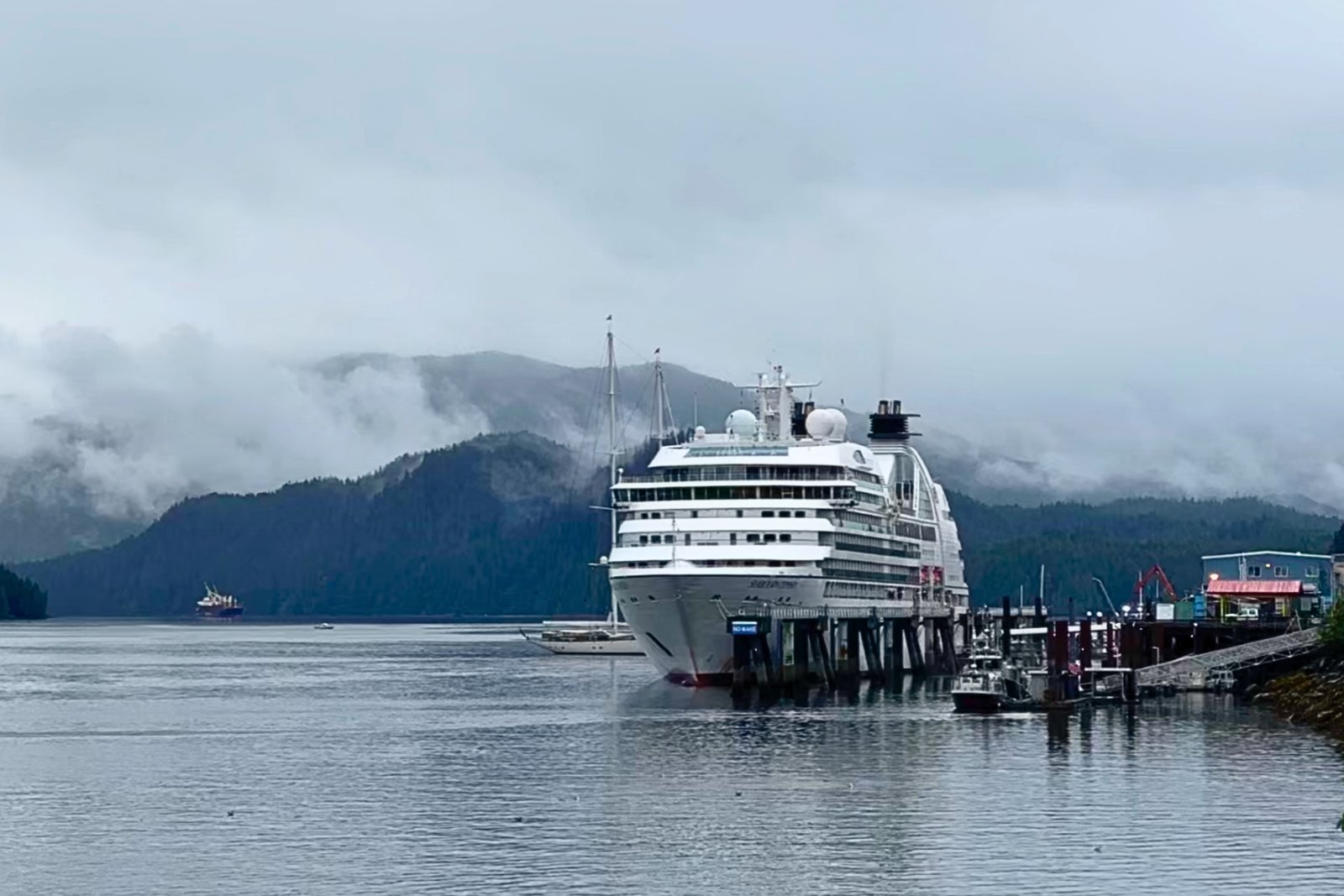 Seabourn Odyssey docked at a small town pier on a foggy morning, with forested hills behind.