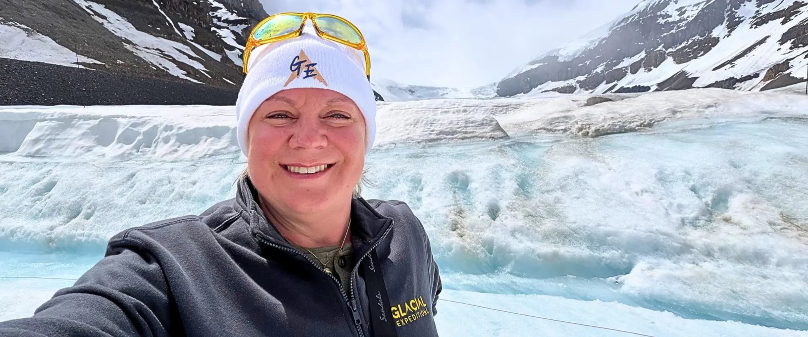 Erika Commisso on the blue ice of the Athabasca Glacier at the Columbia Icefield.