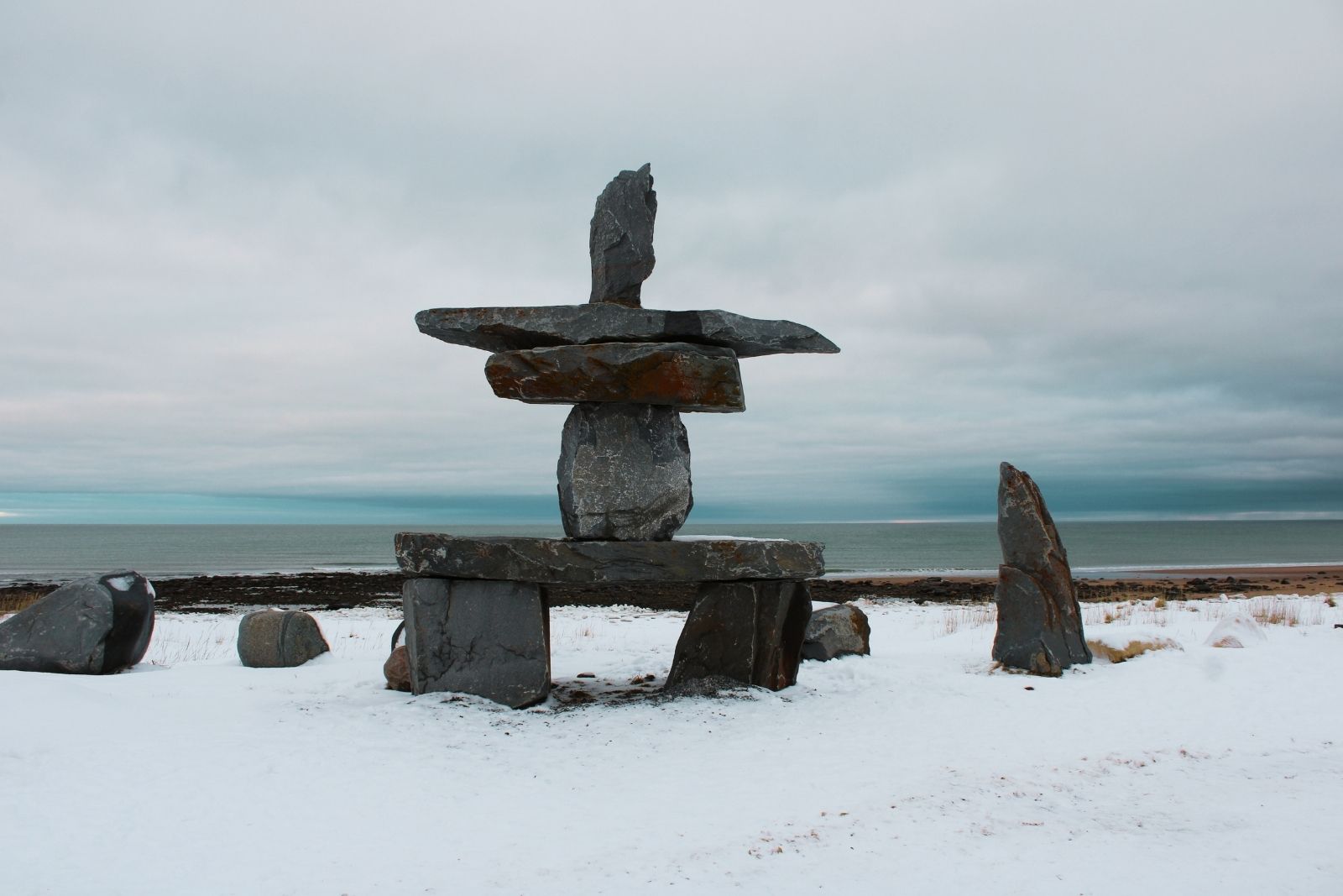 The inukshuk on the shore of Hudson Bay at Churchill.