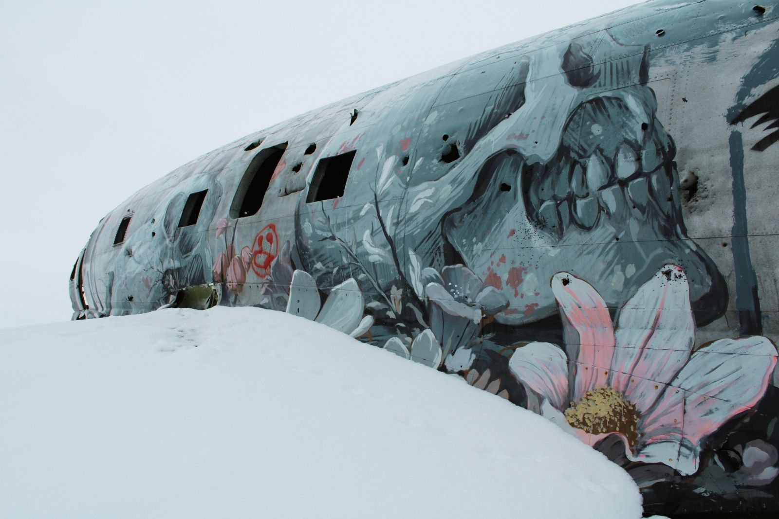 Miss Piggy, the downed cargo aircraft outside Churchill, painted with a mural and half-buried in snow.