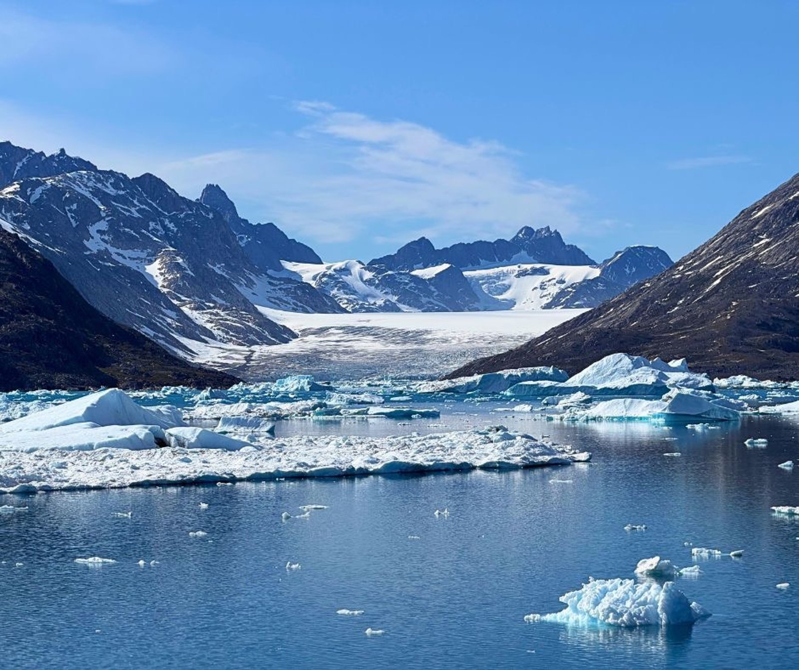 Melting icebergs in a blue Arctic fjord with a massive glacier and rugged mountains behind.