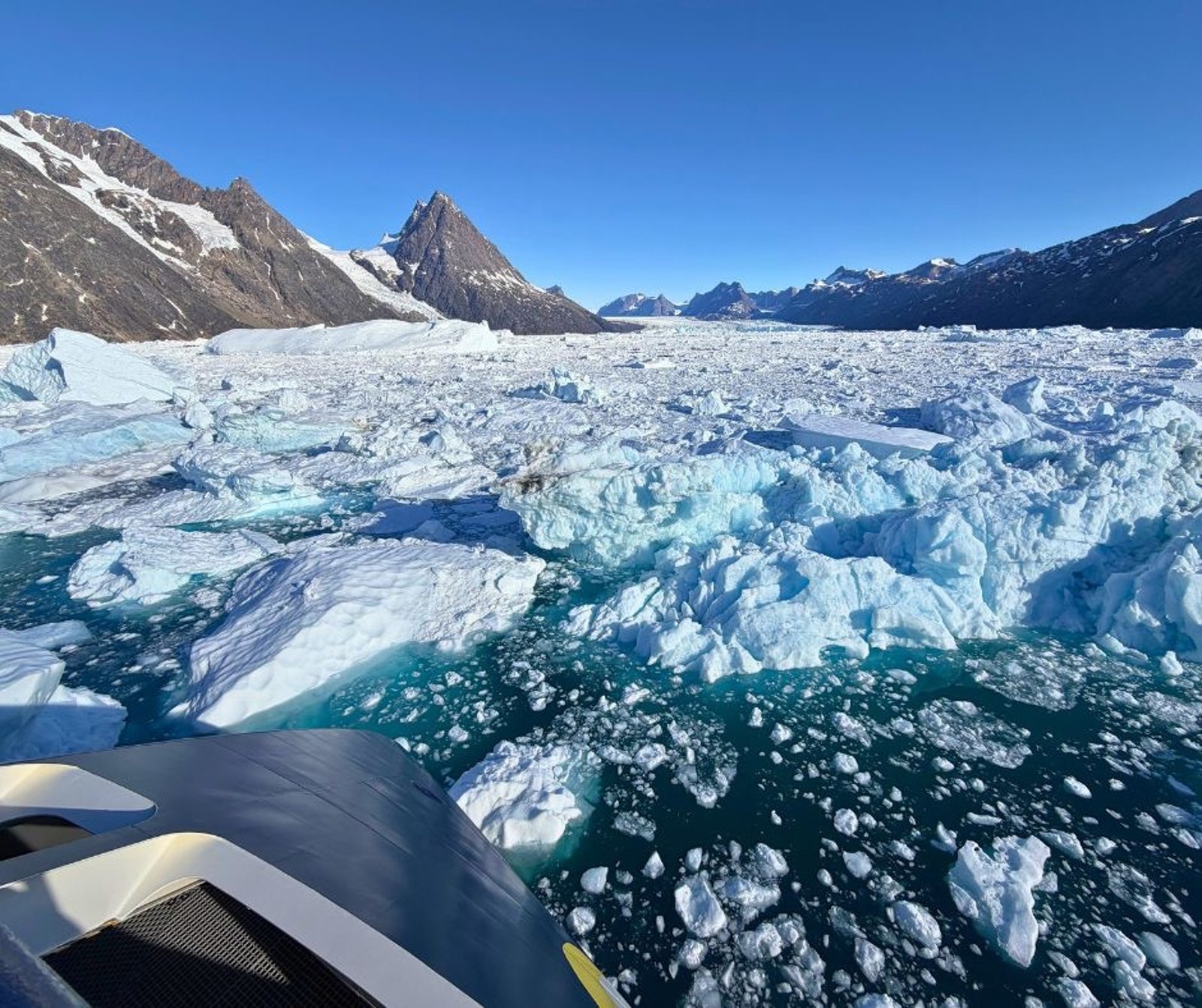 Blue icebergs floating in a Greenland glacier fjord under a clear sky.