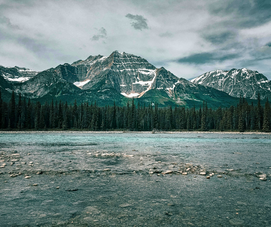 The town of Jasper surrounded by mountains in Jasper National Park.