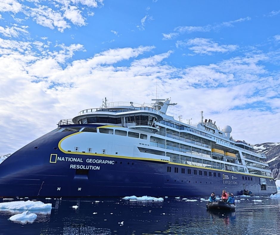 National Geographic Resolution at anchor among ice in an East Greenland fjord.