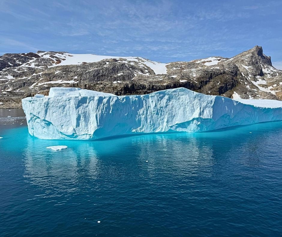 Ice and iceberg-strewn water in an East Greenland fjord.